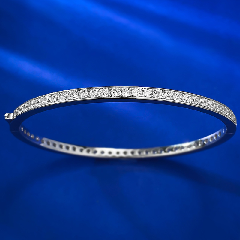 925 Sterling Silver White Gold Plated Half-Diamond Bangle for Women Slim Bracelet Delicate Single-Row Zirconia Sparkling Stylish Versatile Accessory