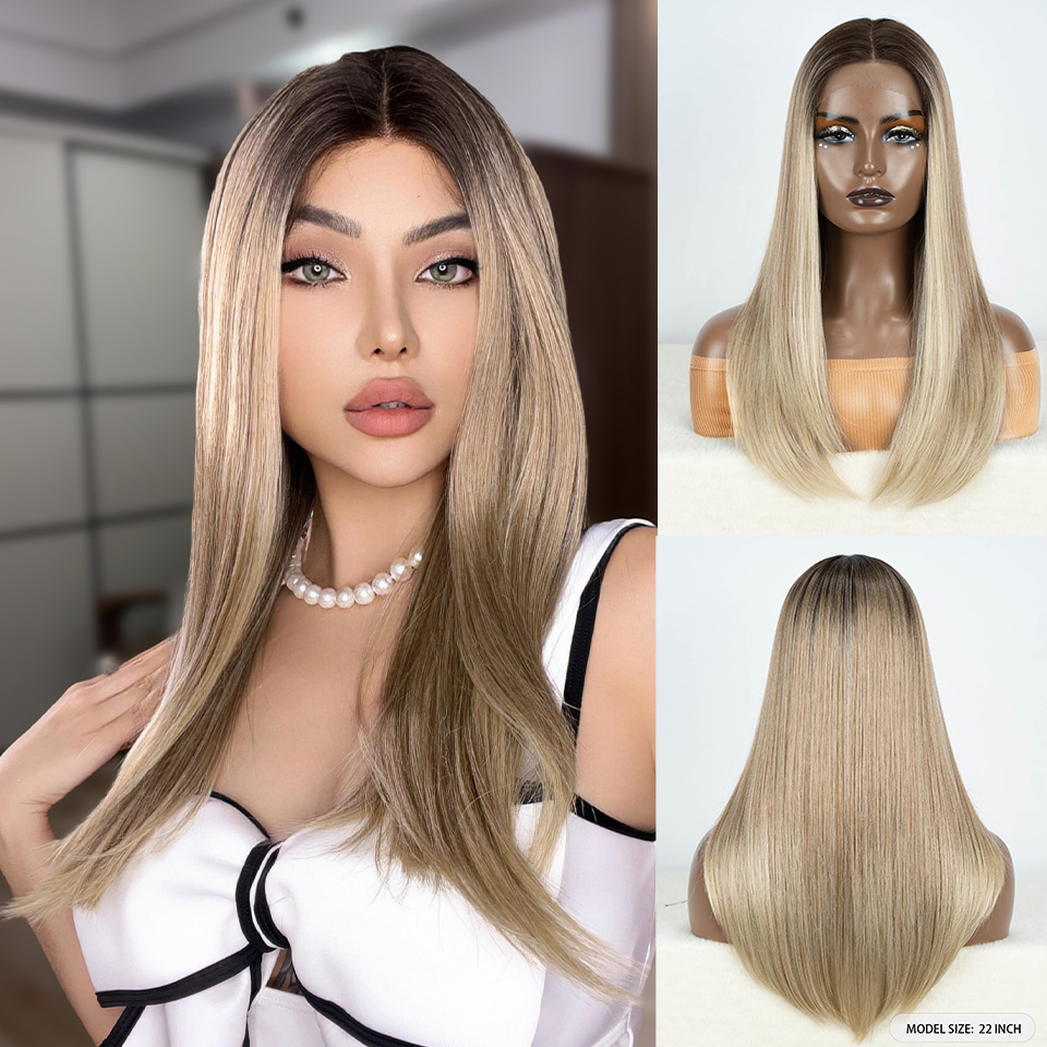 Rebecca Fashion Synthetic Front Wigs For Women Straight 22 inches Bob Ombre Brown Blonde White Lace Easy Wear Cosplay Wig