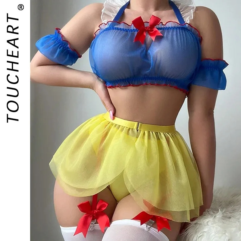 Toucheart Sexy Lingerie Uniform Maid Outfit Erotic Cosplay Costume For Women Transparent Mesh Role Play Garter 250519