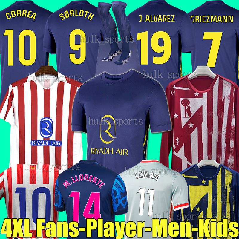 4XL 24/2025/26 J.ALVAREZ Soccer Jerseys GRIEZMANN SORLOTH Camiseta Football Shirt CORREA GIULIANO LLORENTE LINO DE PAUL KOKE AtlETicO MaDriDS Men Kids Kit socks sets