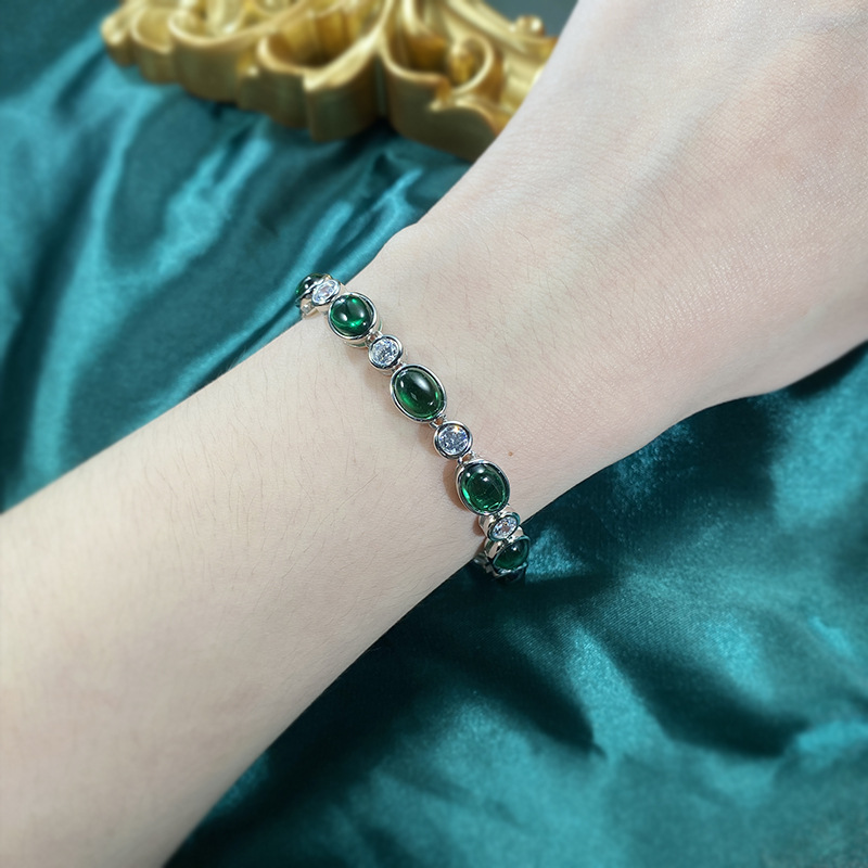 New 925 Sterling Silver Imitation Emerald 6x8mm Chalcedony Zircon Bracelet, Classic Stylish Elegant Jewelry for Daily Wear