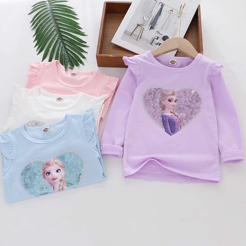 DISNEY Frozen Elsa princess baby designer clothes girls clothes princess short-sleeved puffy-sleeve T-shirt with shiny sequins on top Girls' T-sh