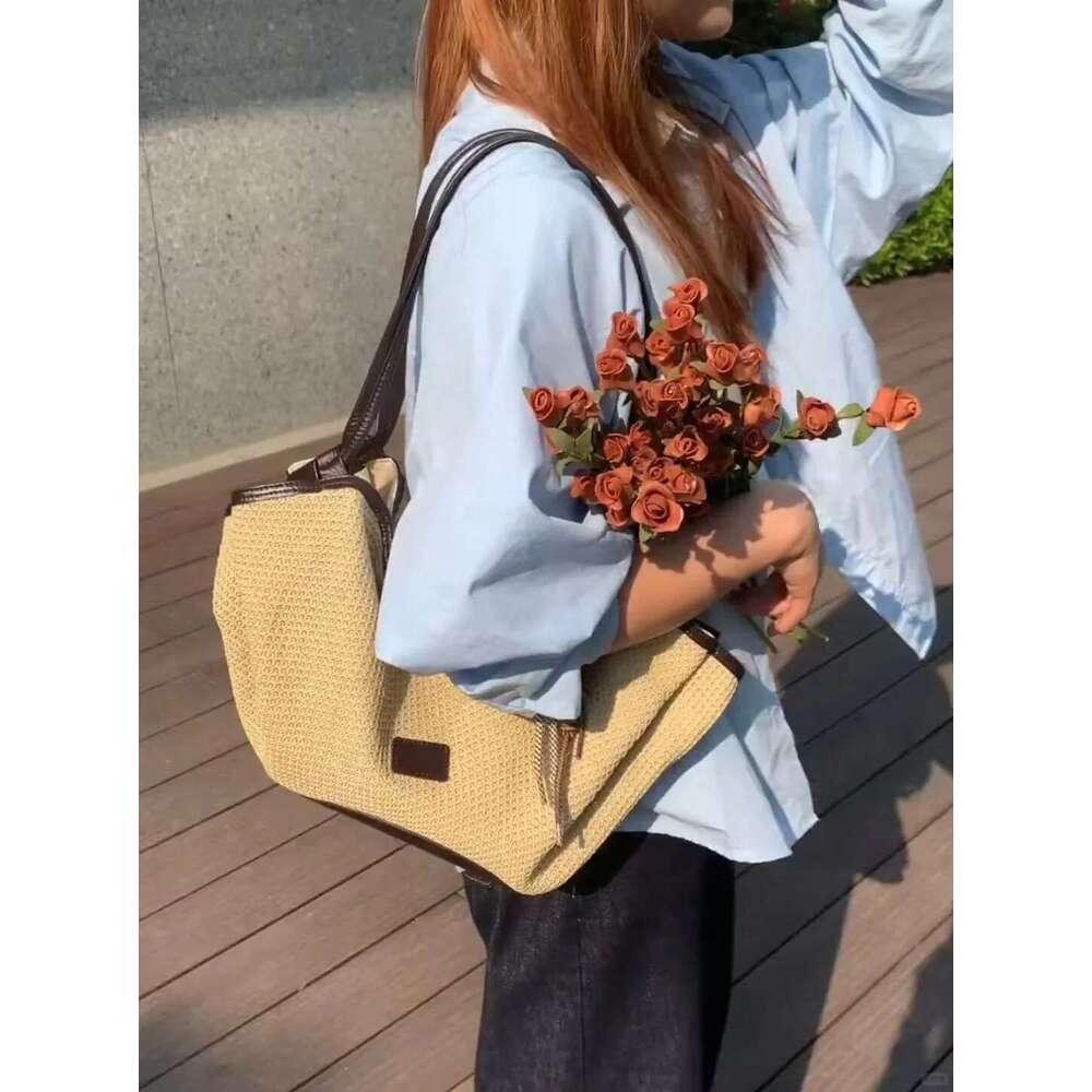 Summer Women Woven Tote Hollowed Out Large Capacity Handbag Fashion Shoulder Beach Commuting Vacation Shopping Bag