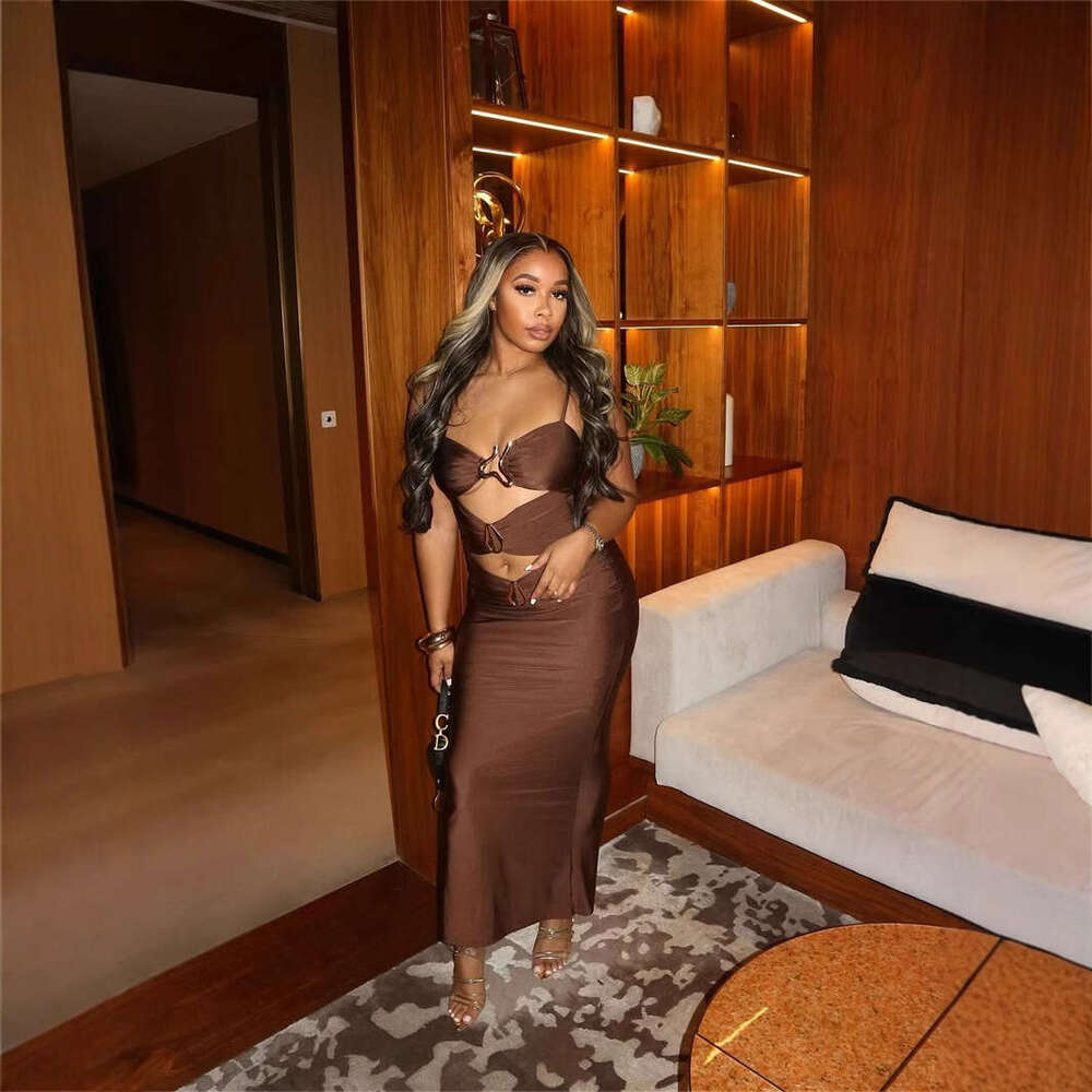 Sheath Dress New Fashionable Slimming Sexy Solid Color Metal Design Hollow Strap Bag Hip Wrapping Long Dress For Women Summer Dress