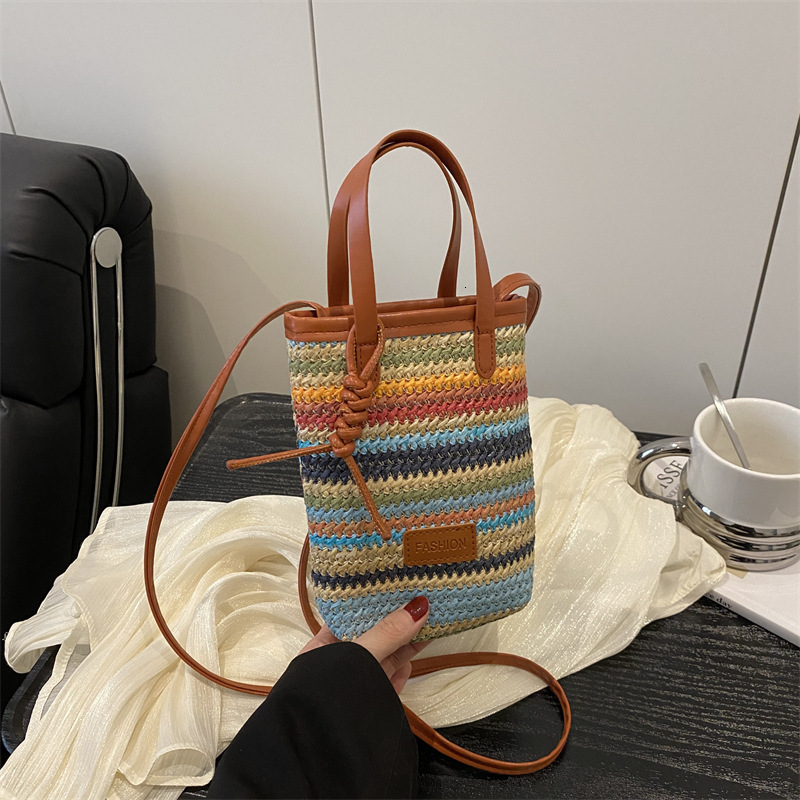 Free Delivery Designer Bag Korean Version Color Striped New 2025 Girls' Spring And Summer Trend Fashion Woven Single Shoulder Crossbody Mobile Ph