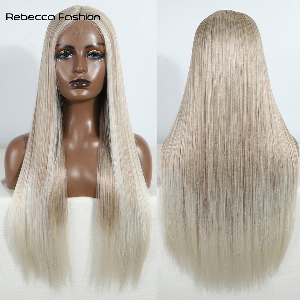 Rebecca Fashion 30 Inch Long Straight Synthetic Lace Wigs For Women Black Brown Ombre Colors For Career Related Functions