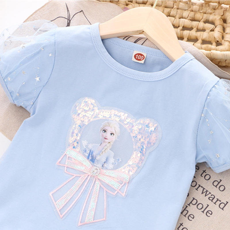 DISNEY infant designer clothes kids designer clothes Frozen Elsa princess short-sleeved puffy-sleeve T-shirt with shiny sequins on top.