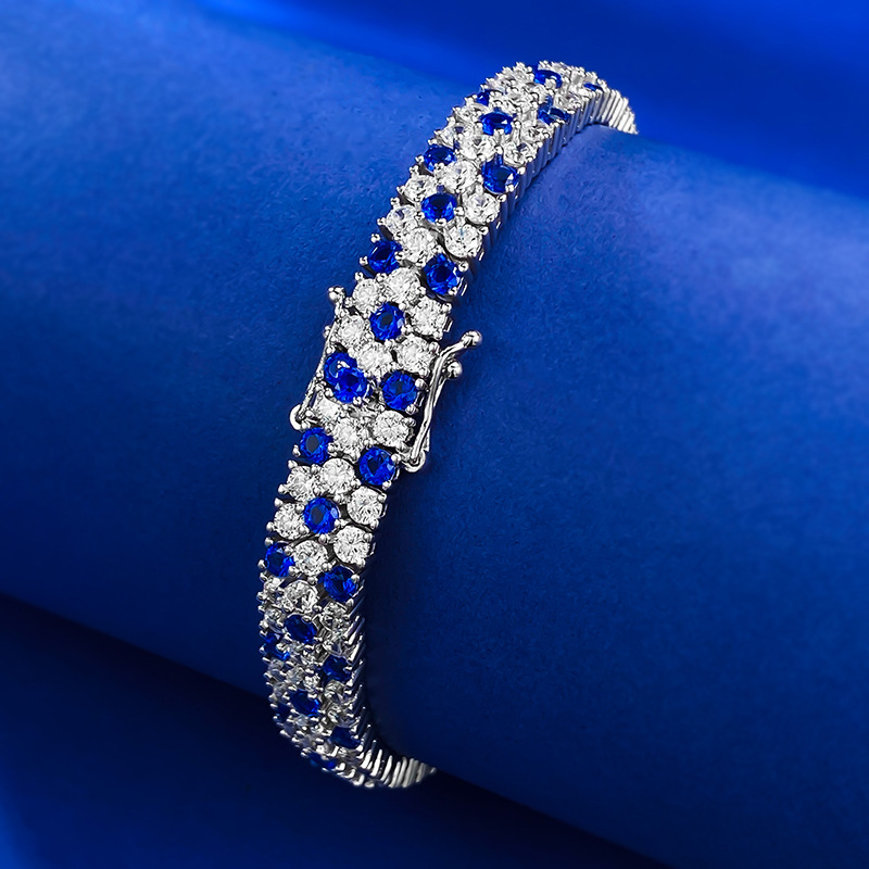 Elegant S925 Sterling Silver Bracelet with Royal Blue Full Diamonds, Trendy Fashionable Ins-style Jewelry, Perfect Gift for Her