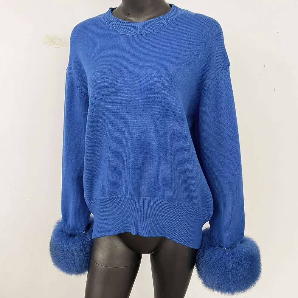 OFTBUY European American New Autumn Winter Knitted O-Neck Loose Solid Color Detachable Real Fox Fur Cuff Sweater 250520