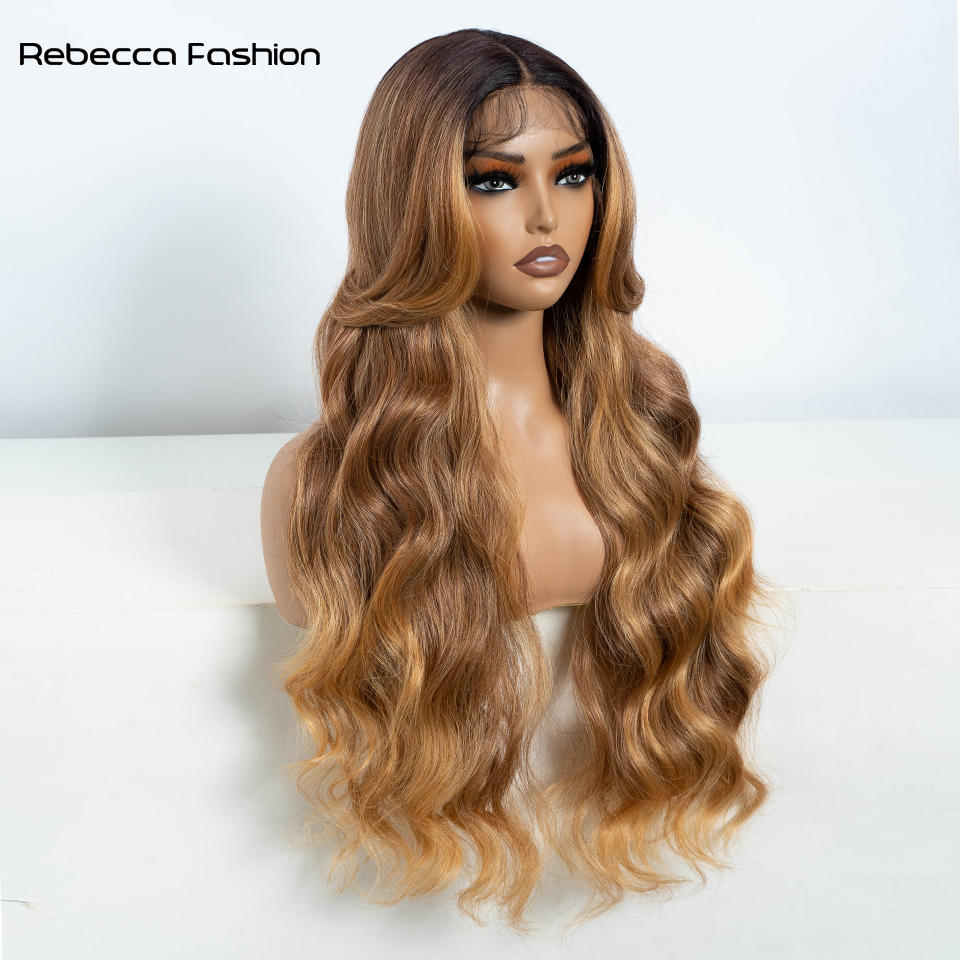 Rebecca Fashion Synthetic Front For Women 30" Long Body Wave Lace Wig Ombre Blonde Highlight Cosplay Wigs Heat Resistant