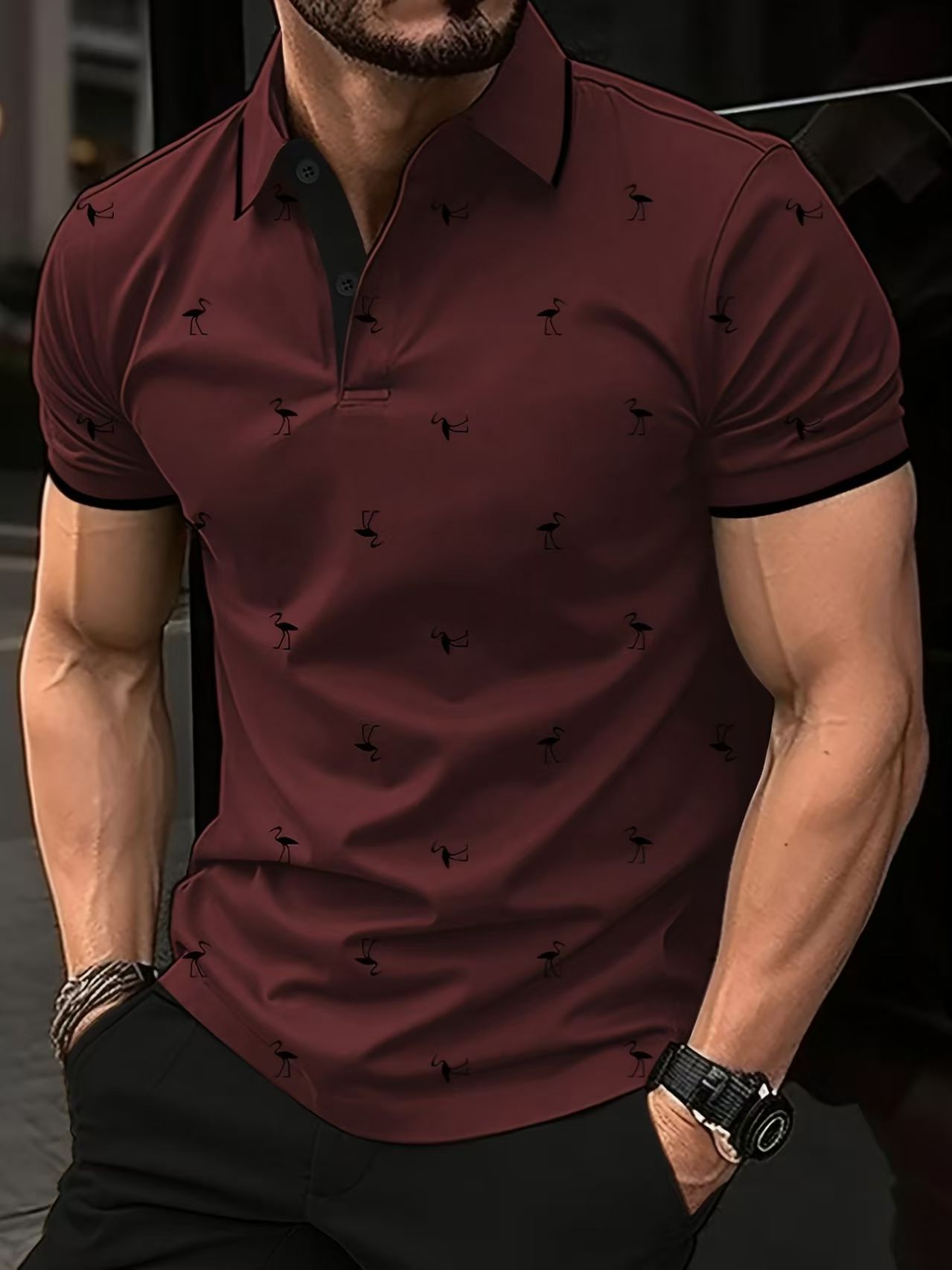 Men's Turn Down Collar Polo Shirt with Flamingo Print