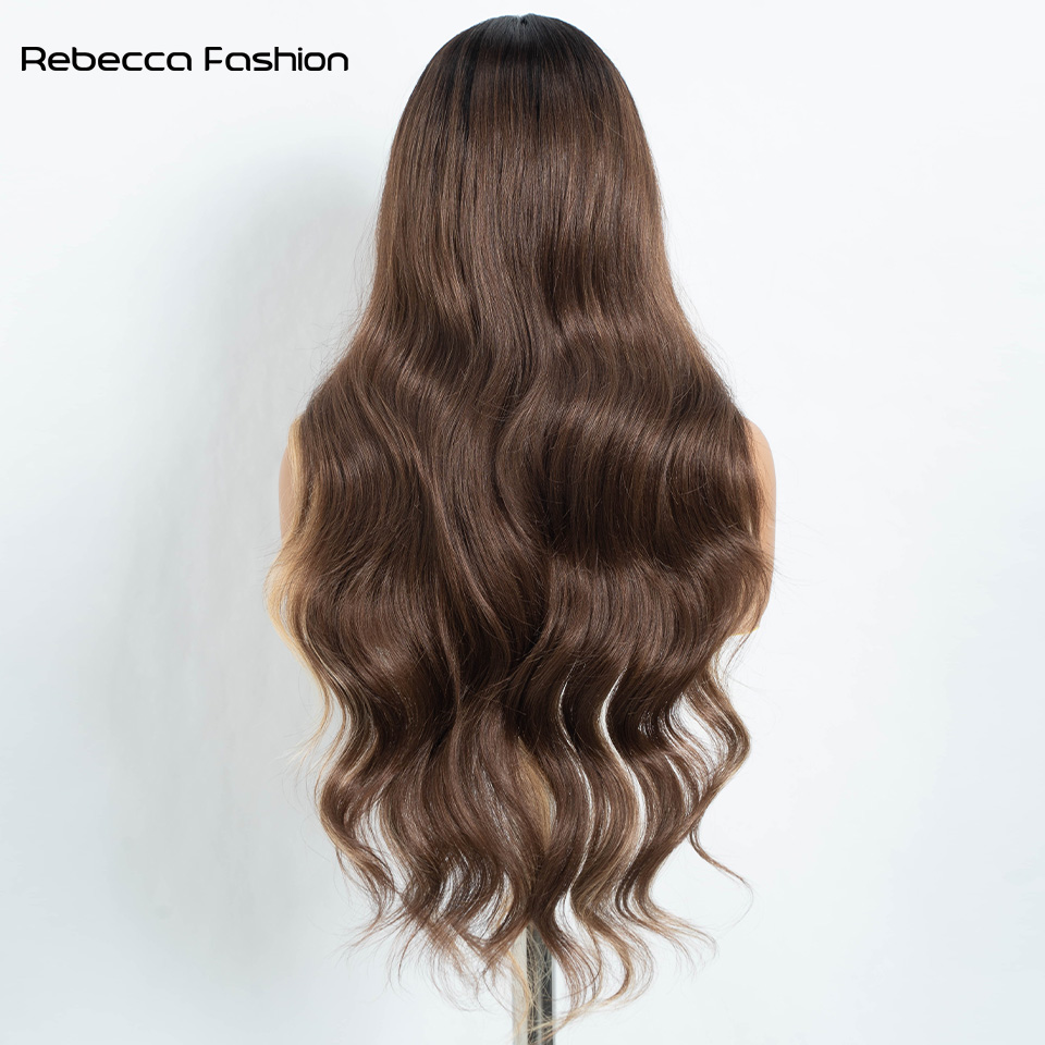 Rebecca Fashion 30 Inch Body Wavy Long T Part Lace Dark Brown Ombre Blonde Cosplay Front Wig for Women