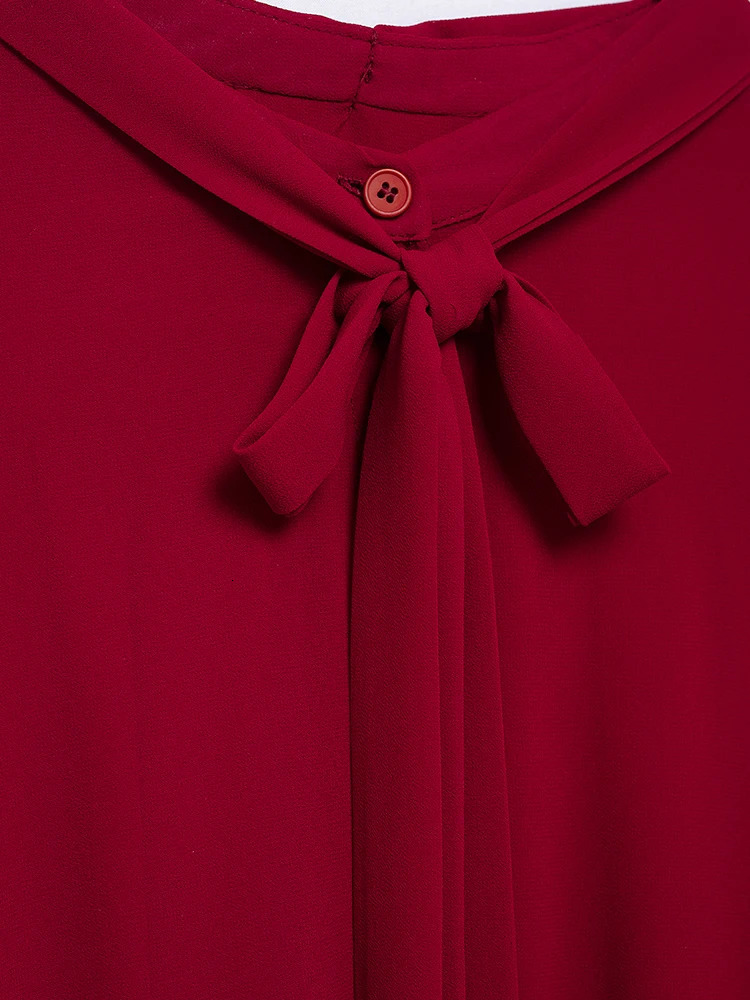 TFMLN 2025 Women Solid Bow Collar Blouses Office Ladies Thin Translucent Red Tops High Street Loose Sweet Girls Shirt 250516Z