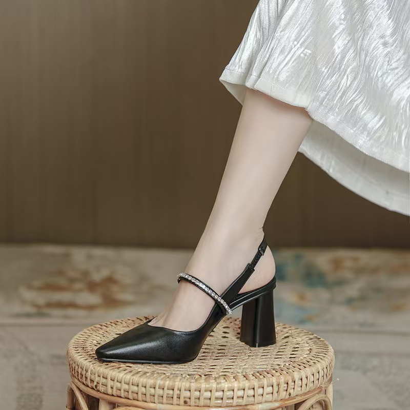 Summer/Spring 2023 Pointed Toe Chunky Heel Sandals Solid Elegant High Heels Sheepskin Women Party Shoes 262f s