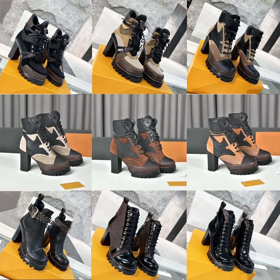 Women Designer Iconic Star Trail Ankle Boots Treaded Rubber Patent Canvas And Leather High Heel Chunky Lace up Martin Ladys Winter Sneakers With Box