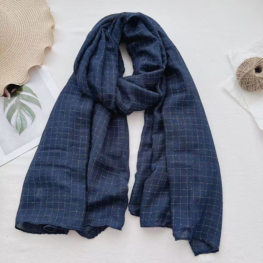 T747 new wide edge wrinkled breathable gold and silver silk wrinkled scarf solid color simple polyester soft headscarf female