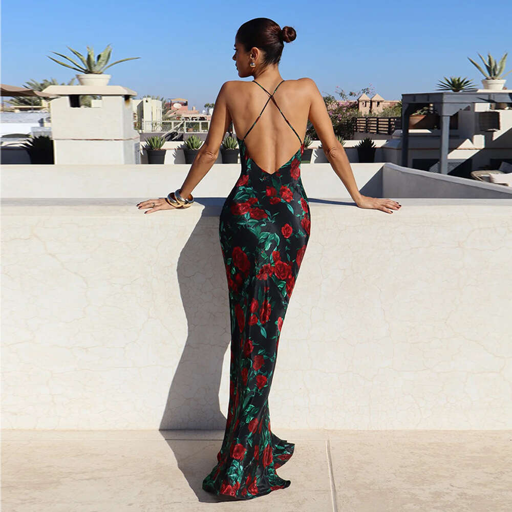Sheath Dress Spring Summer New Spicy Girl With Strap Bareback Deep V Print Sexy Slimming Dress Summer Dress