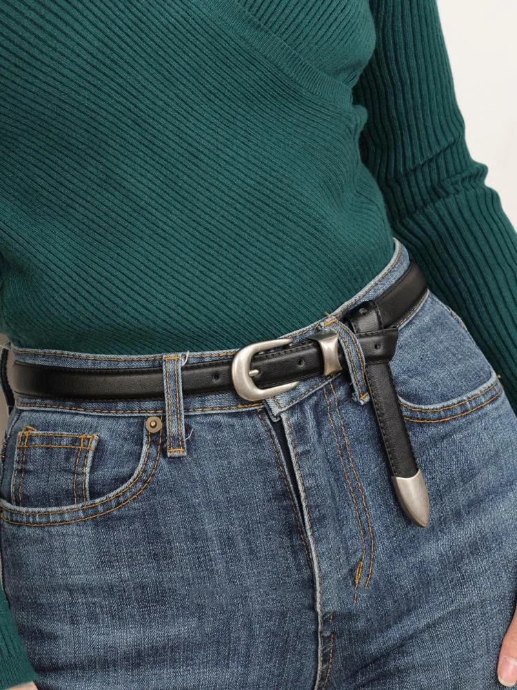 Retro silver buckle thin belt womens cowhide belt black decoration with jeans jacket versatile genuine leather waistband 250517
