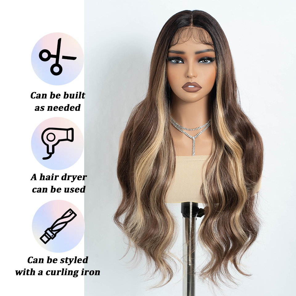 Rebecca Fashion 30 Inch Body Wavy Long T Part Lace Dark Brown Ombre Blonde Cosplay Front Wig for Women