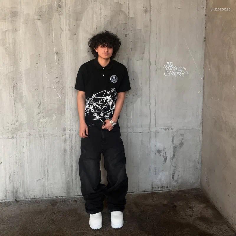 Mens Polos Summer Harajuku Retro Letter Printing Oversized Men Y2k Casual Fashion Hip Hop Punk Pure Cotton T-shirt Women