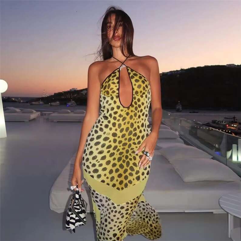 DHEssentials 2025 Women Boutique Digital Print Beachwear Sexy Spaghetti Strap Dresses