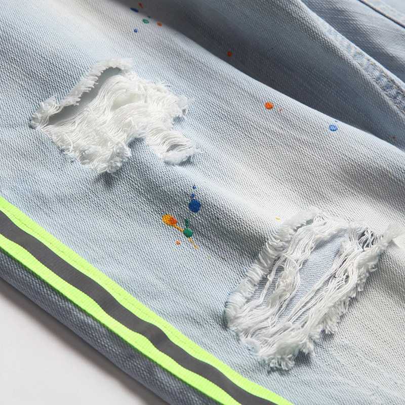 2023 Summer New Mens Ripped Short Jeans Brand Clothing Bermuda Cotton Side Stripe Fluorescent Shorts Breathable Denim Shorts J25051521A8