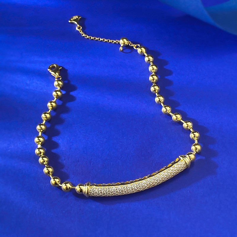 New European Style Gold Beaded Bracelet with Adjustable Full Crystal Zirconia Bar, Fashionable and Elegant Dainty Chain Jewelry for Women