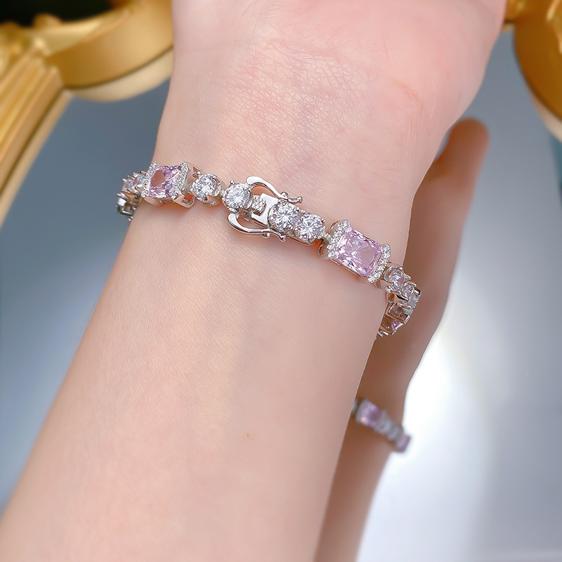 New S925 Sterling Silver Pink Diamond Bracelet 6x8mm Ice-Cut Zirconia Full Diamond Luxury Minimalist Elegant Women's Jewelry