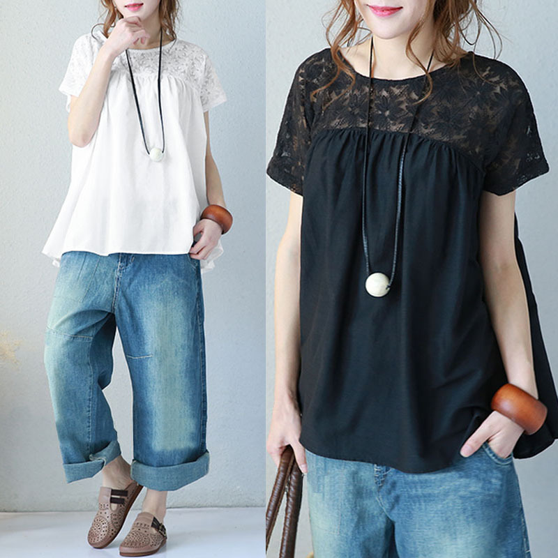 2025 Foreign Trade New Large Solid Color Lace Short Sleeve Shirt Top Splicing Women's Clothing ddmySept