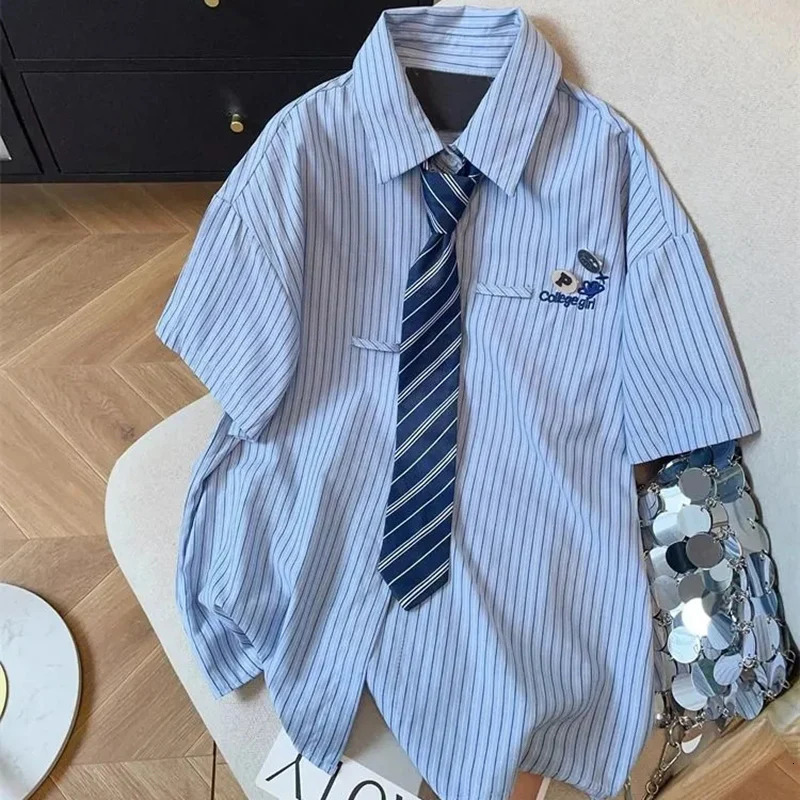 2025 Preppy Style Blue Striped Shirt Summer Short Sleeve Loose Blouse Woman Streetwear Letter Embroidery Shirts Female 250516Z