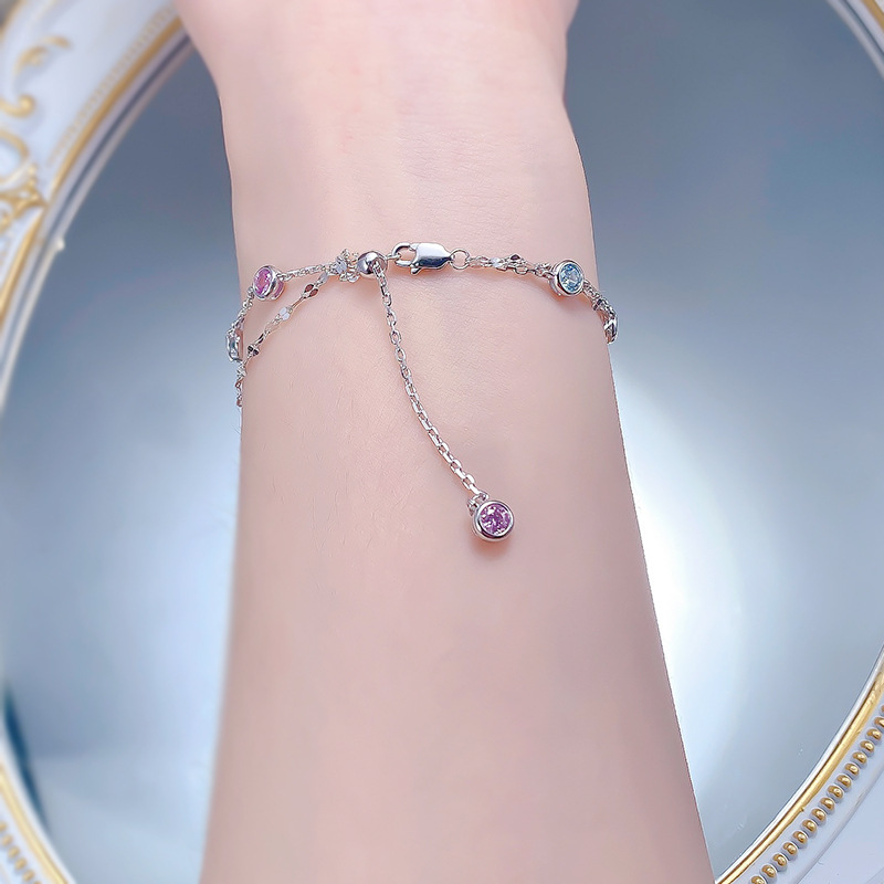 New S925 Sterling Silver Double Layer Rainbow Zircon Adjustable Bubble Bracelet Fashion Jewelry