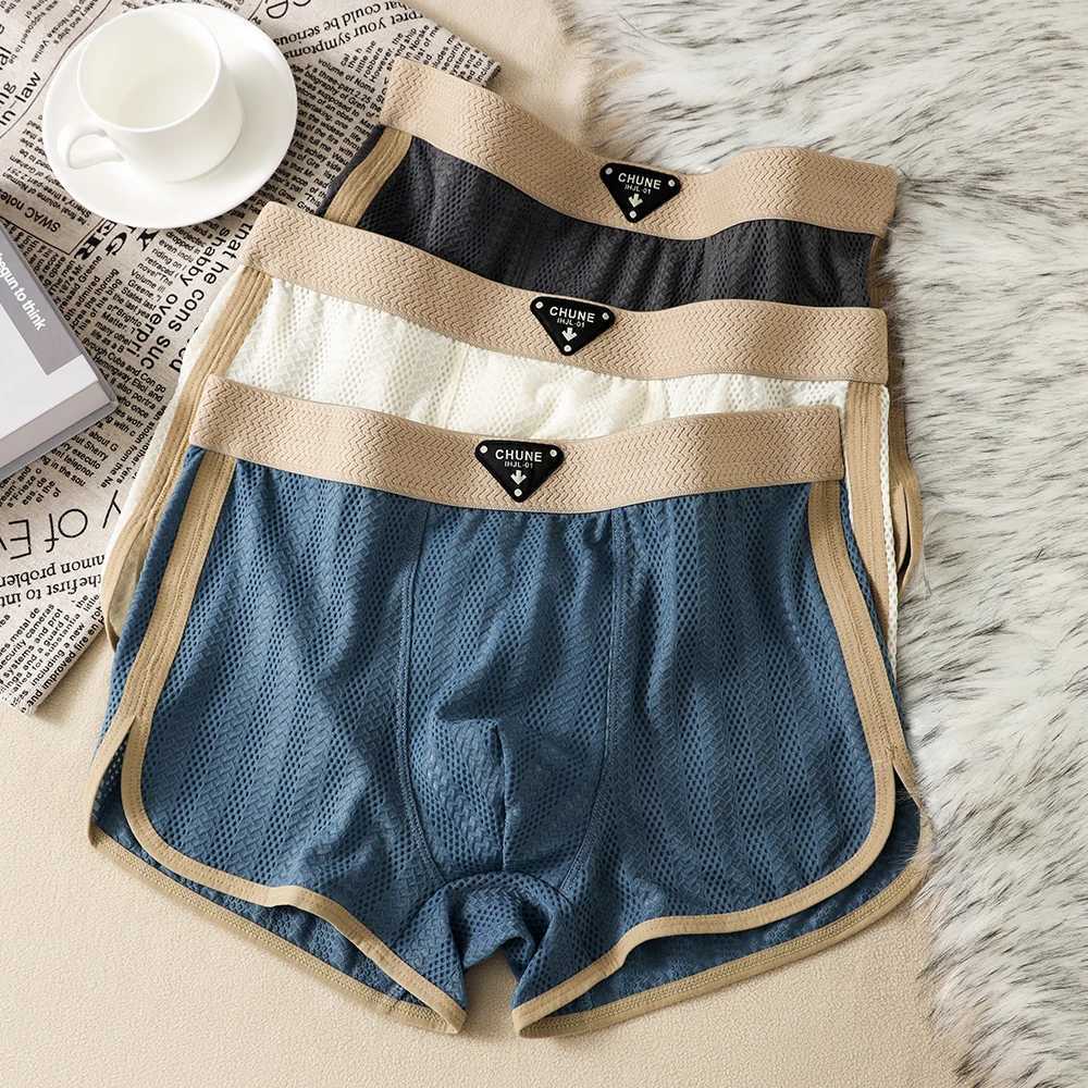 3PCS/Pack Fashion Solid Hollow Out Ice Silk Mens Panties Cool Breathable Mesh Crotch Underwear Man High Elastic Waist Boxer J250516