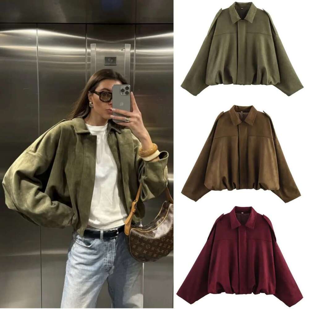 ETJ 2025 TRAF Spring New Women's Suede Texture Effect Loose Version Of Fashion Lapel Shoulder Bomber Jacket Designer