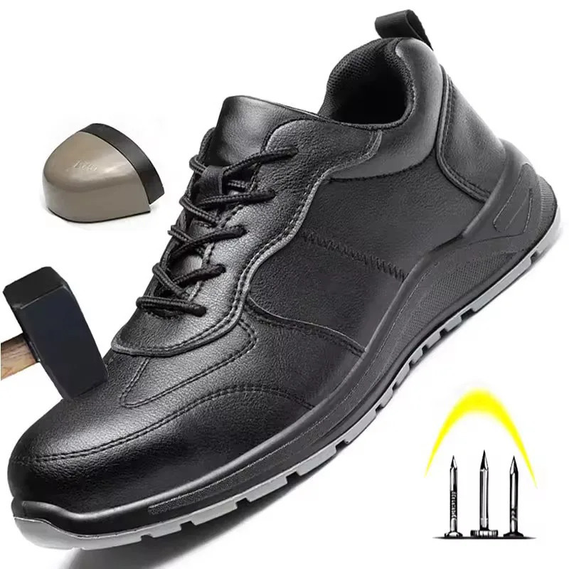 Black Safety Shoes Men Steel Toe Shoes Work Shoes Sneakers Male Anti-puncture Indestructible Security Boots Waterproof Leather 250519