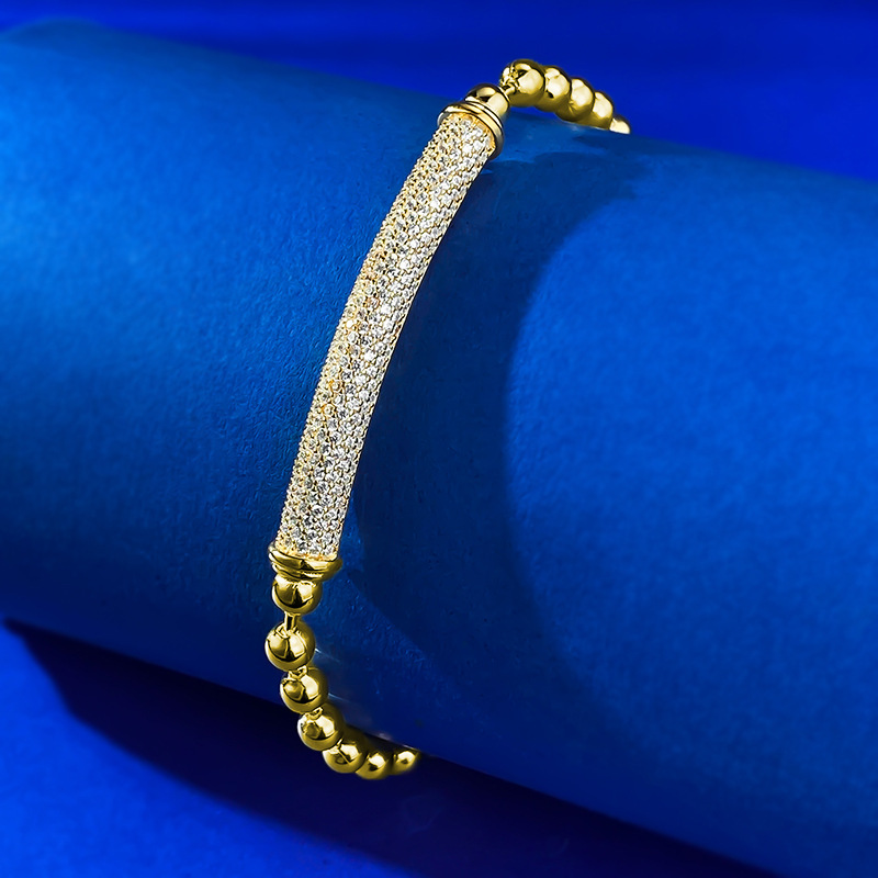 New European Style Gold Beaded Bracelet with Adjustable Full Crystal Zirconia Bar, Fashionable and Elegant Dainty Chain Jewelry for Women
