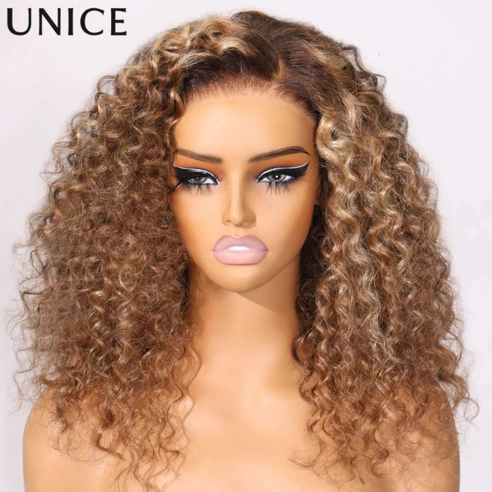UNICE 7x5 Bye Knots Ombre Blonde Highlight Curly 16Inch Cut Pre Bleached Glueless Wig Human Hair Ready To Wear 150%