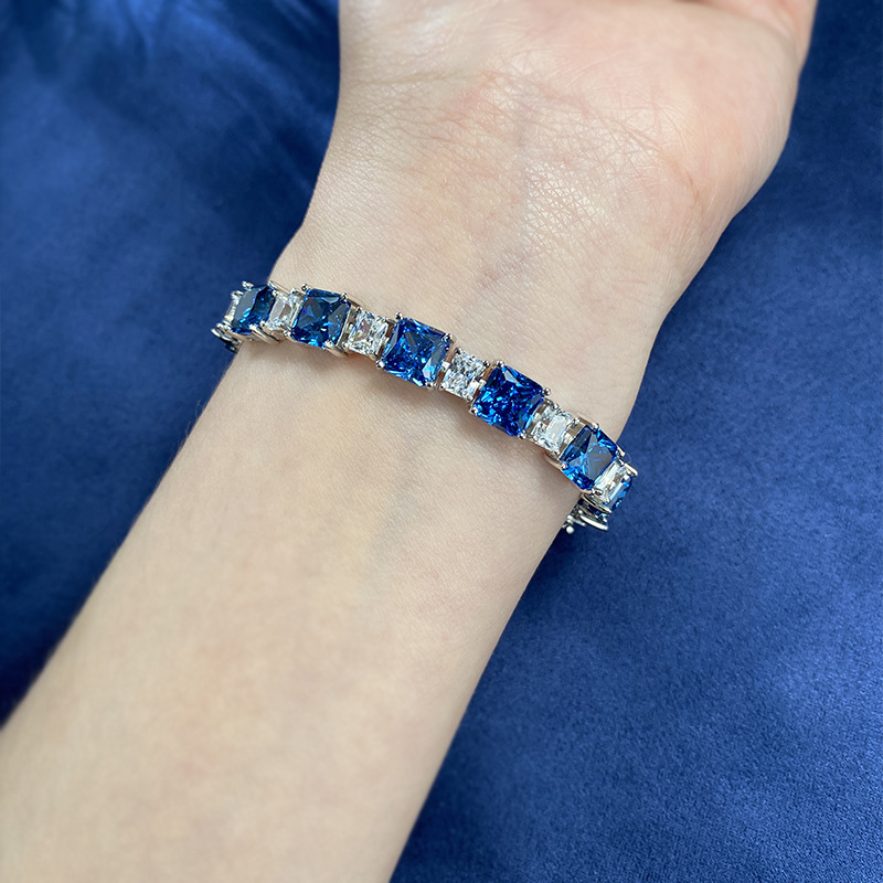 New 925 Sterling Silver Fashion Blue Simulated Diamond Bracelet for Women Elegant Ice Flower Design Luxury Gift Choice