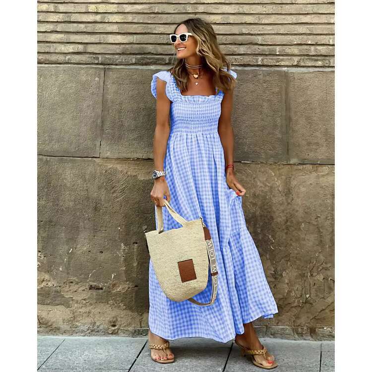 Gingham Maxi Dress for Women Sleeveless Smocked Sundress with Ruffle Straps Vintage Style Flowy Summer Long Dress for Beach Picnic and Vacation