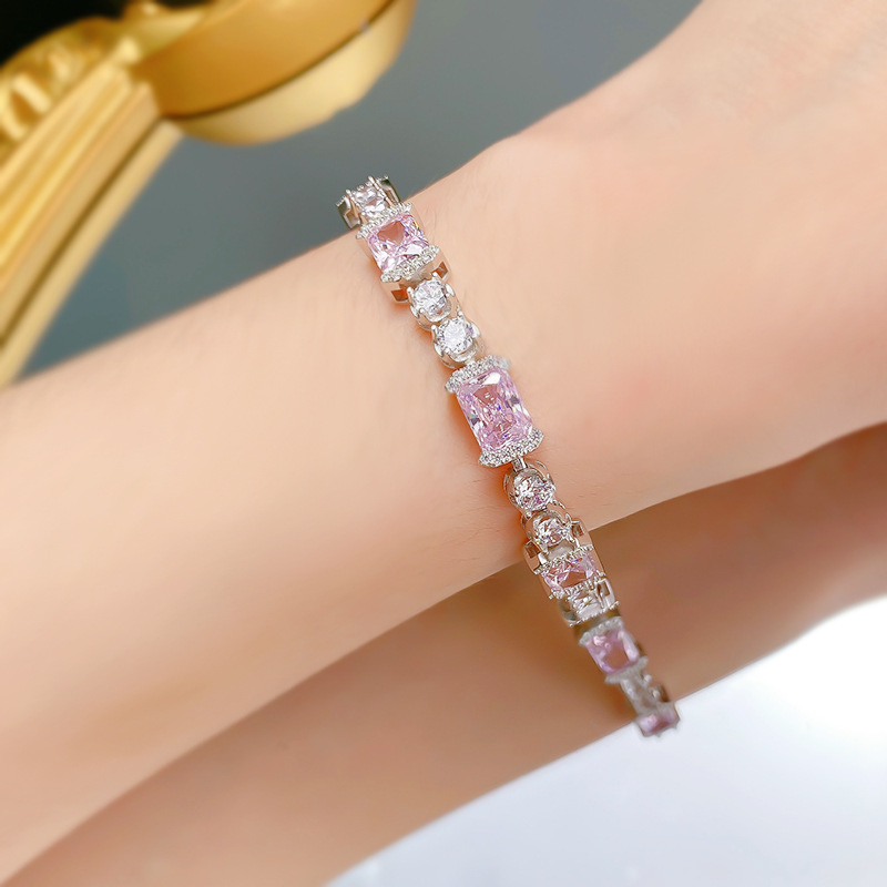 New S925 Sterling Silver Pink Diamond Bracelet 6x8mm Ice-Cut Zirconia Full Diamond Luxury Minimalist Elegant Women's Jewelry