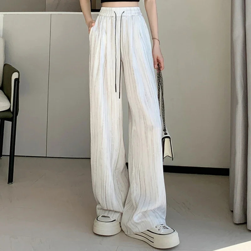 2025 Summer Vintage Ice Silk Satin Ink Printed Wide Leg Pant for Women High Waist Casual Loose Straight Full Length Trousers 250517