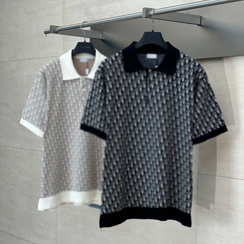 25Ss new designer oblique full print jacquard polo shirt, cotton patch collar, minimalist short-sleeve knit