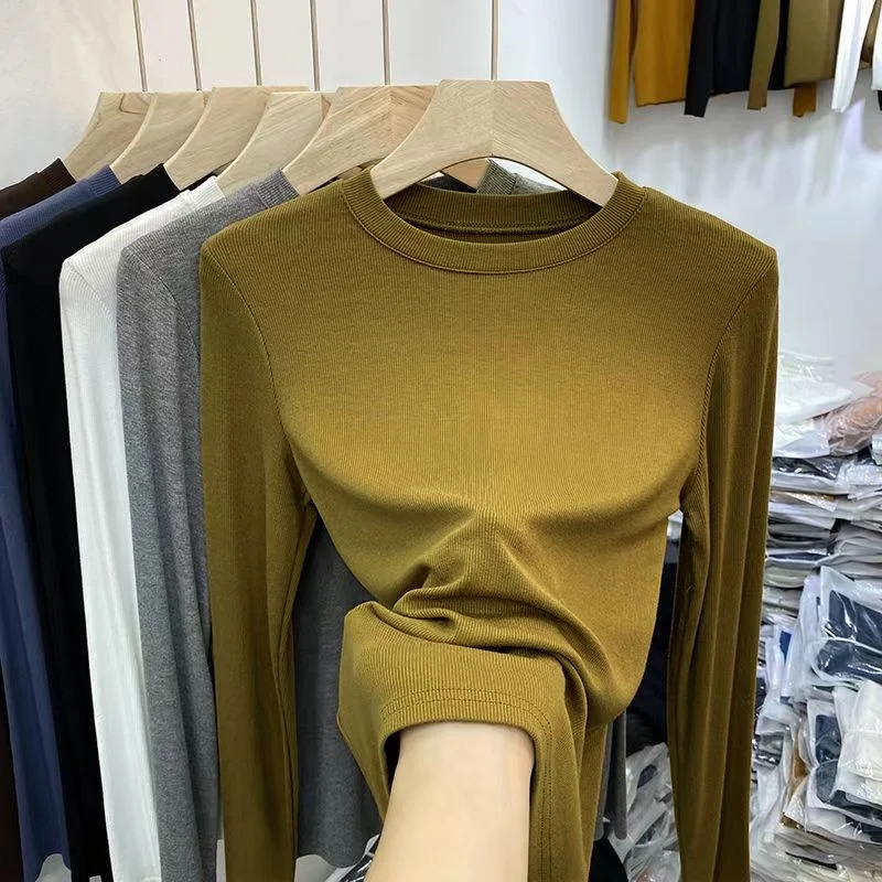 Autumn Office Lady Basic O-Neck Slim T-Shirt Women Solid Multi Color All-Match Trend Casual Top Screw Thread Long Sleeve Elastic 250517
