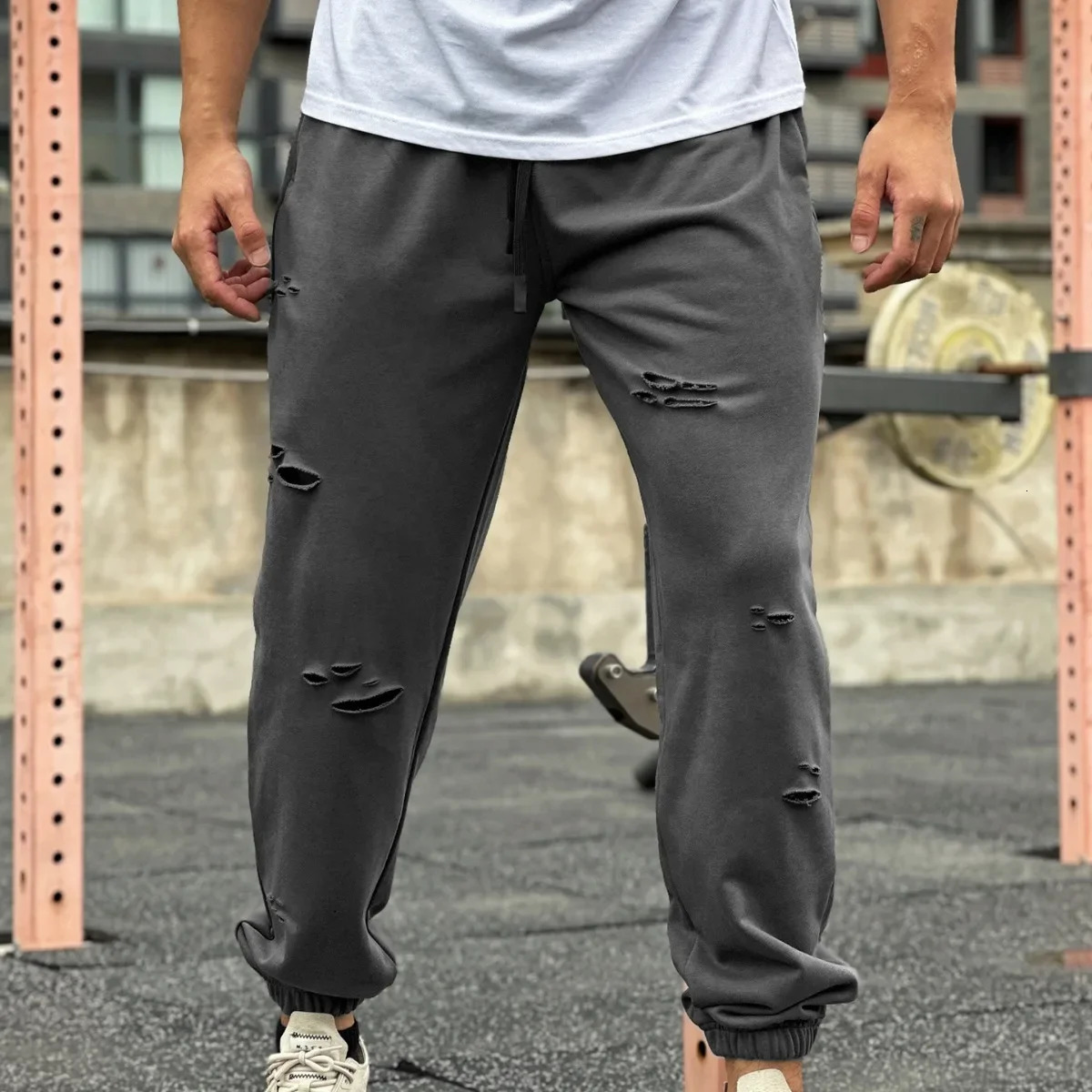 Mens Streetwear Casual Trend Cuffed Pants Jogging Drawstring Sweatpant Ripped Trousers Gym Fitness Sports Bottom Male Costume 250513Z