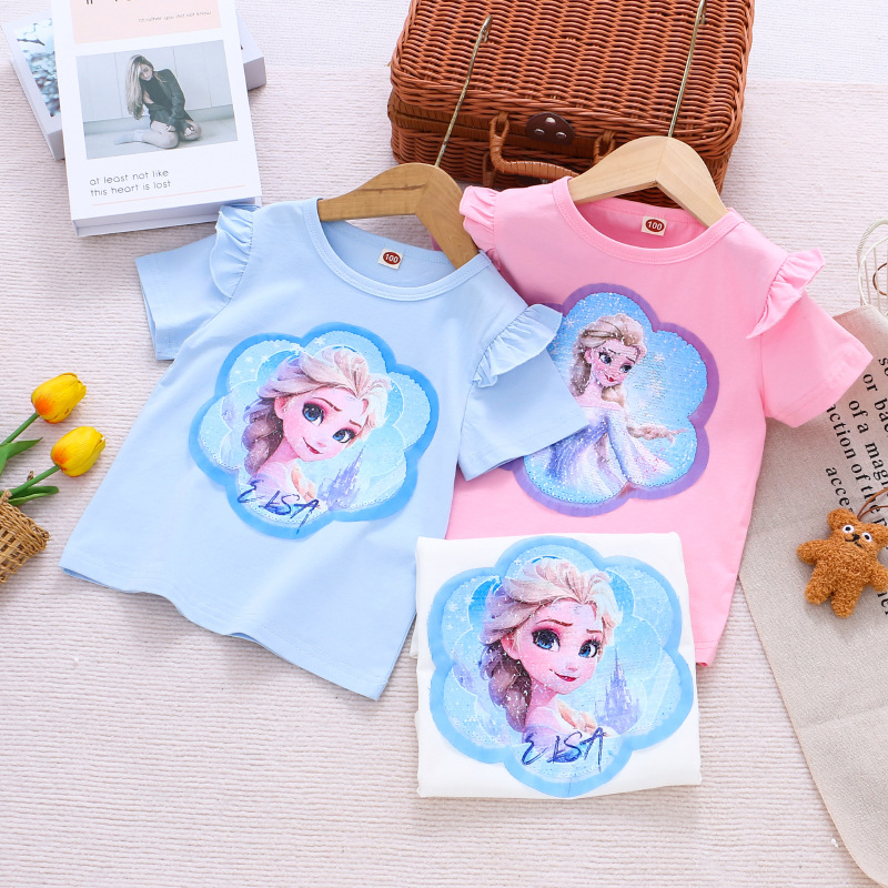 DISNEY Frozen Princess Elsa Kids designer clothes toddler designer clothes cartoon printed T-shirt for baby girl summer children's clothes short-