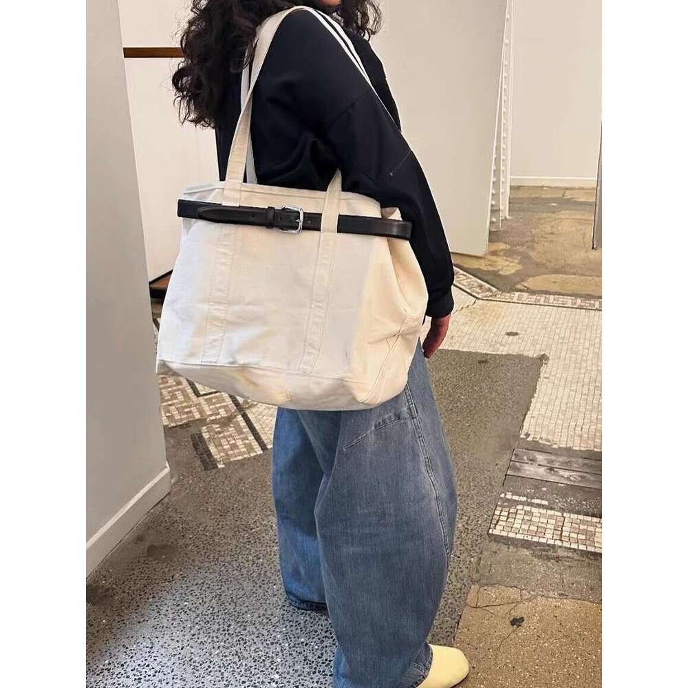 New Internet Celebrity Same Style Fashionable Versatile Splicing Canvas Casual Belt Tote Design Handheld Single Shoulder Bag