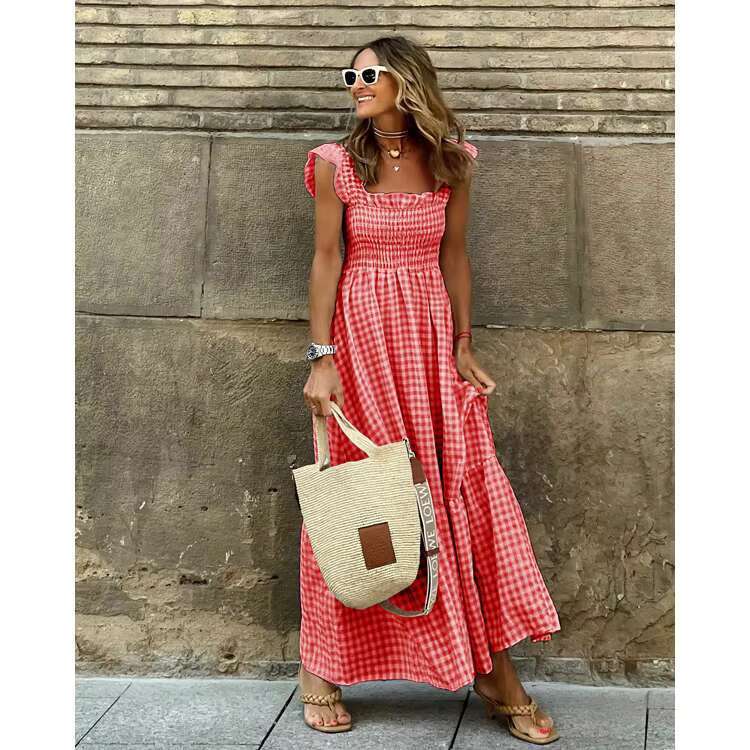 Gingham Maxi Dress for Women Sleeveless Smocked Sundress with Ruffle Straps Vintage Style Flowy Summer Long Dress for Beach Picnic and Vacation