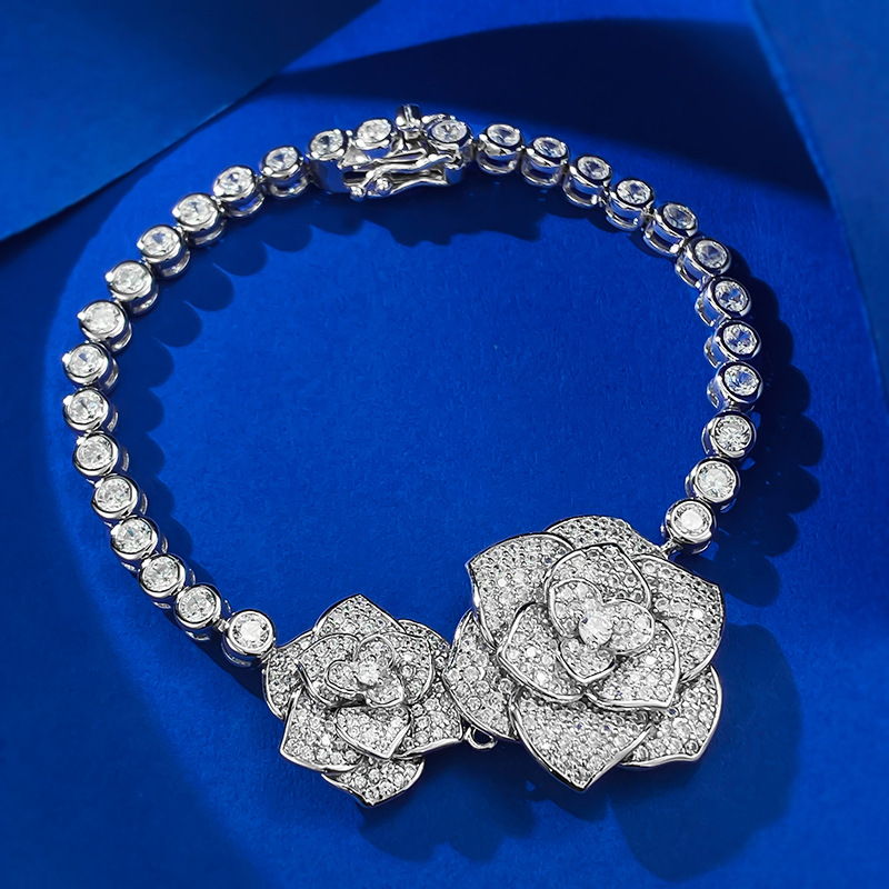 S925 Sterling Silver Full Diamond Camellia Rose Bracelet, Fashion Elegant Floral Jewelry with Sparkling Design for Women