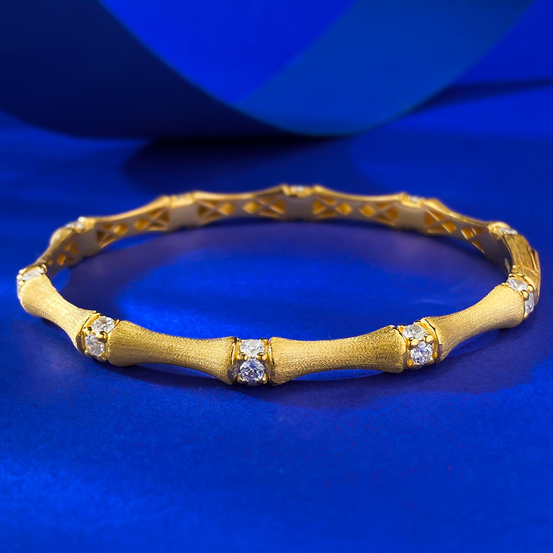 New S925 Sterling Silver Italian Vintage Handmade Brushed Bamboo Bracelet with Zirconia Accent, Adjustable Elegant Bamboo Style Bangle
