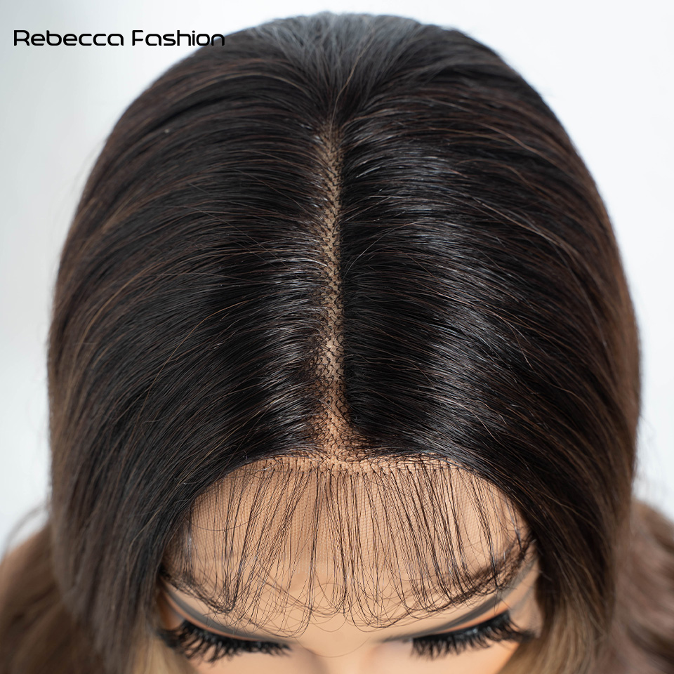Rebecca Fashion 30 Inch Body Wavy Long T Part Lace Dark Brown Ombre Blonde Cosplay Front Wig for Women