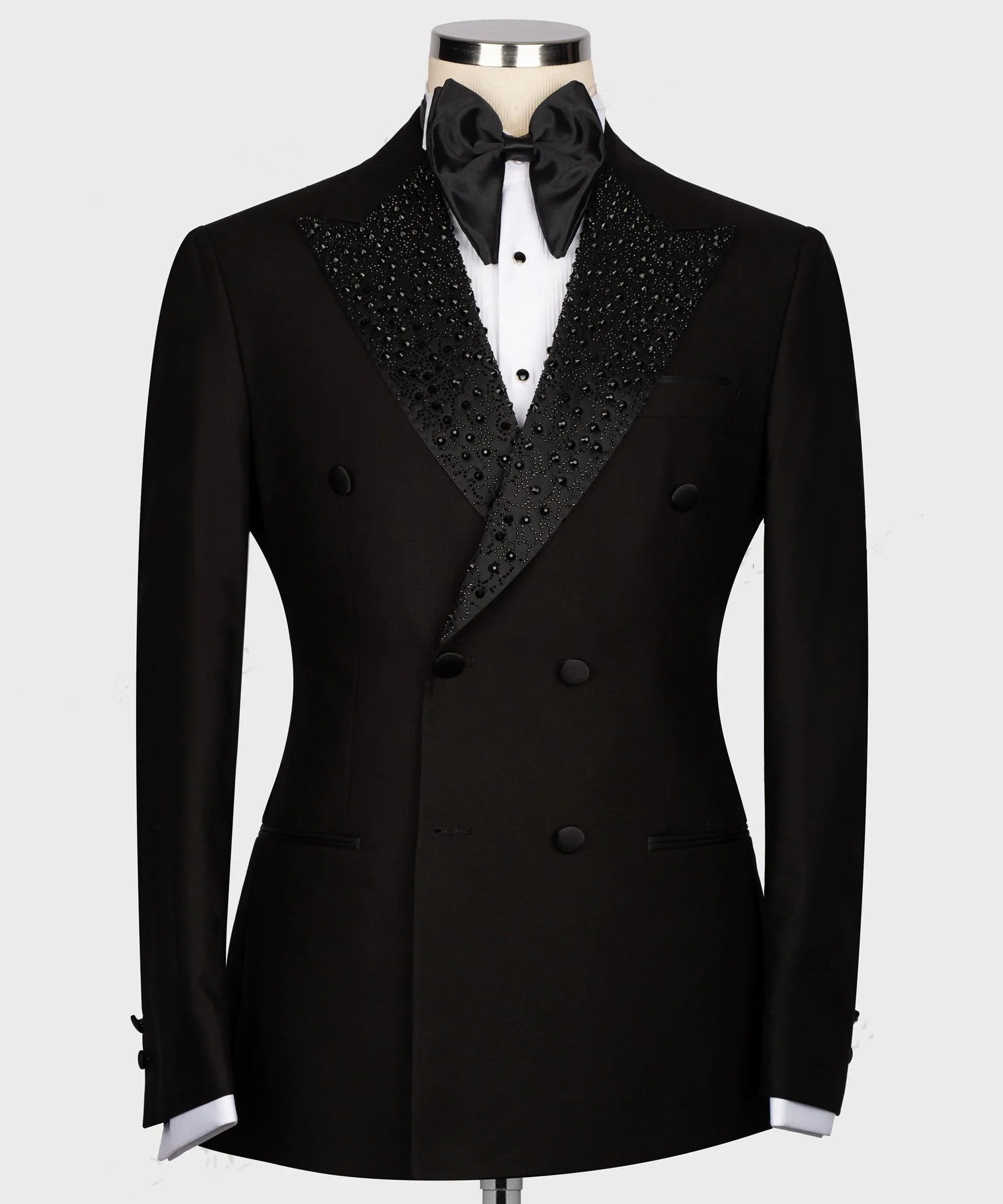 Elegant Men Wedding Suits Peaked Lapel Beaded Tailor-Made 2 Pieces Set Jacket Rhinestone Double Breasted Blazer Customized Evening Party Party Coat Pa